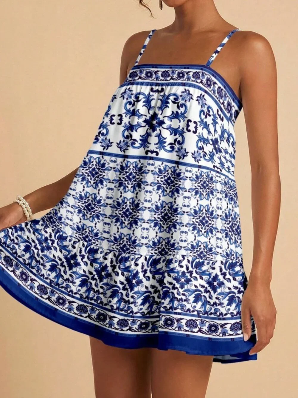 White Boho Women's Mediterranean Geometric Floral Spaghetti Strap Short Dress - Picture 4 of 8